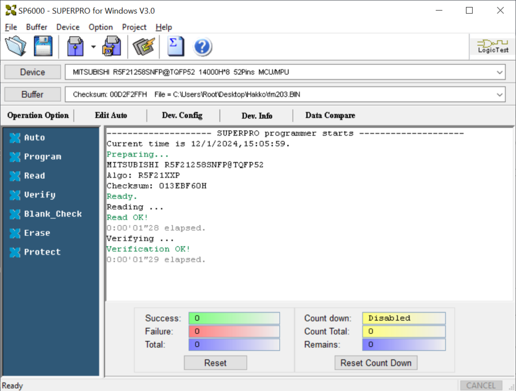 Hakko FM-203 Firmware Backup TQFP52 Renasas R5F21258SNFP Successful 